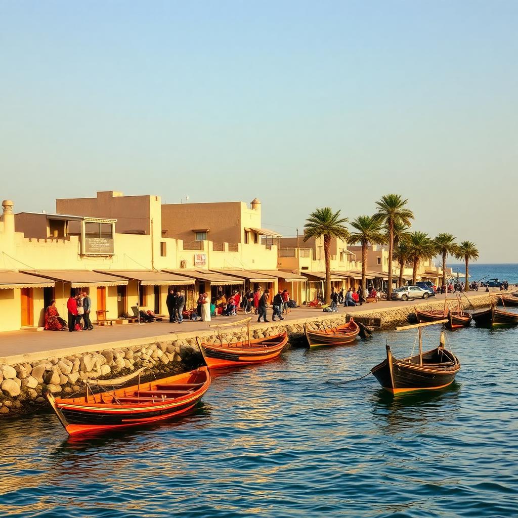 Al Wakrah Souq waterfront with dhow boats, Qatar